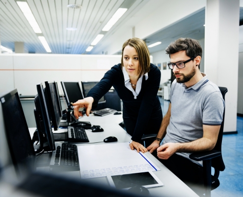two professionals in office consulting on computer