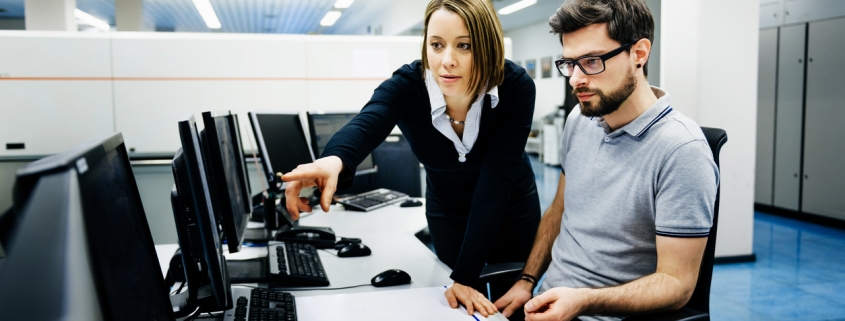 two professionals in office consulting on computer